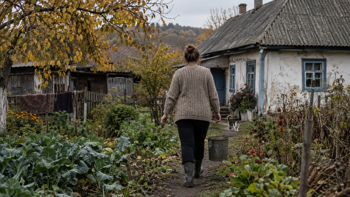 Жінка зі спини йде стежкою через город до старого сільського будинку з шиферним дахом