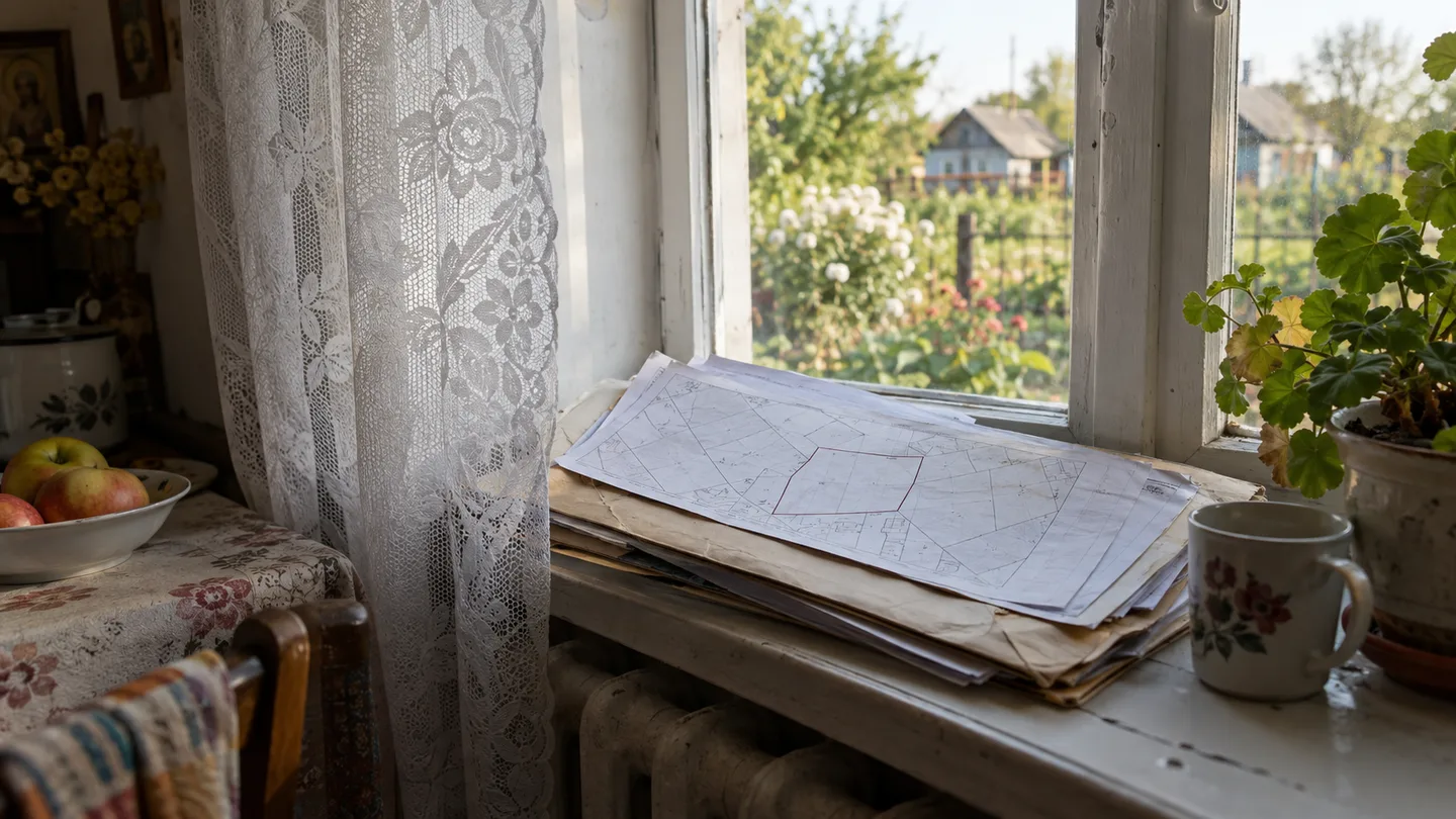 Папка з документами на будинок і кадастровим планом лежить на підвіконні сільської хати