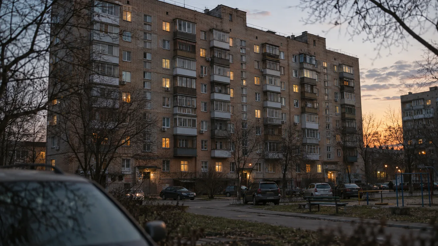 Багатоповерховий цегляний будинок у спальному районі ввечері, у кількох вікнах світло