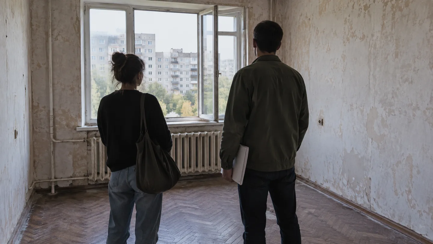 Двоє людей зі спини оглядають порожню кімнату з відкритими вікнами, один тримає папку з документами
