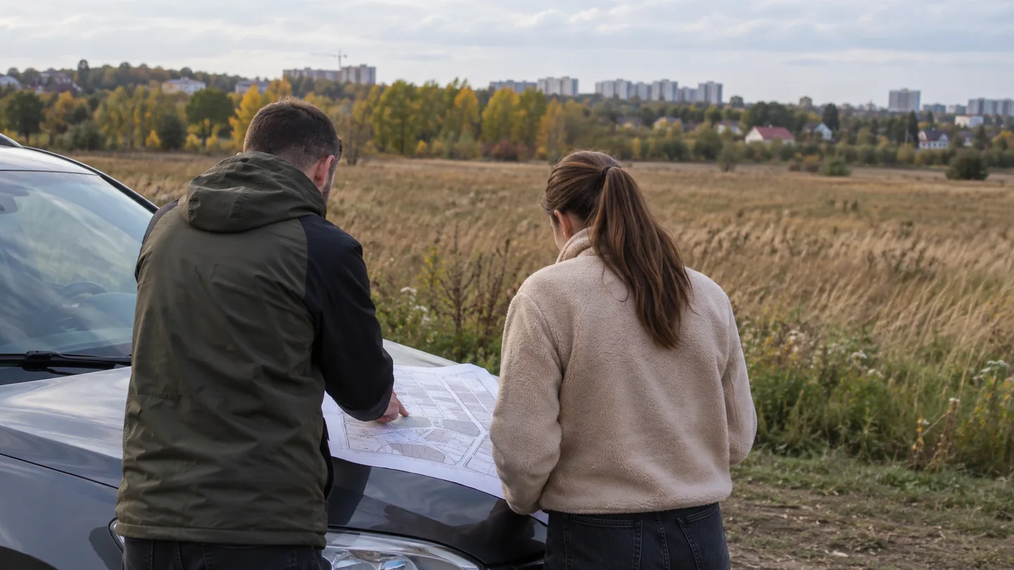 Двоє людей стоять спиною до камери біля межі ділянки і роздивляються розкладену на капоті авто кадастрову схему