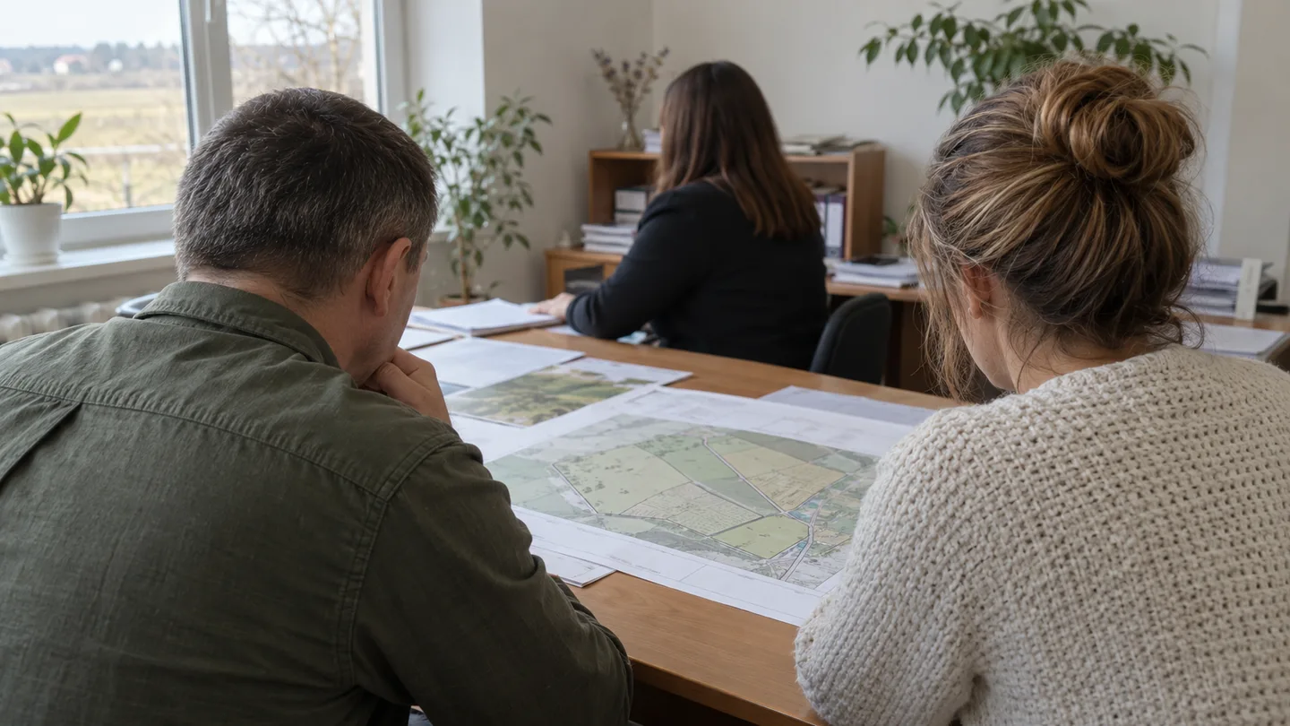 Двоє людей сидять збоку за столом у світлому кабінеті нотаріуса, перед ними розкладені аркуші документів і кадастровий план