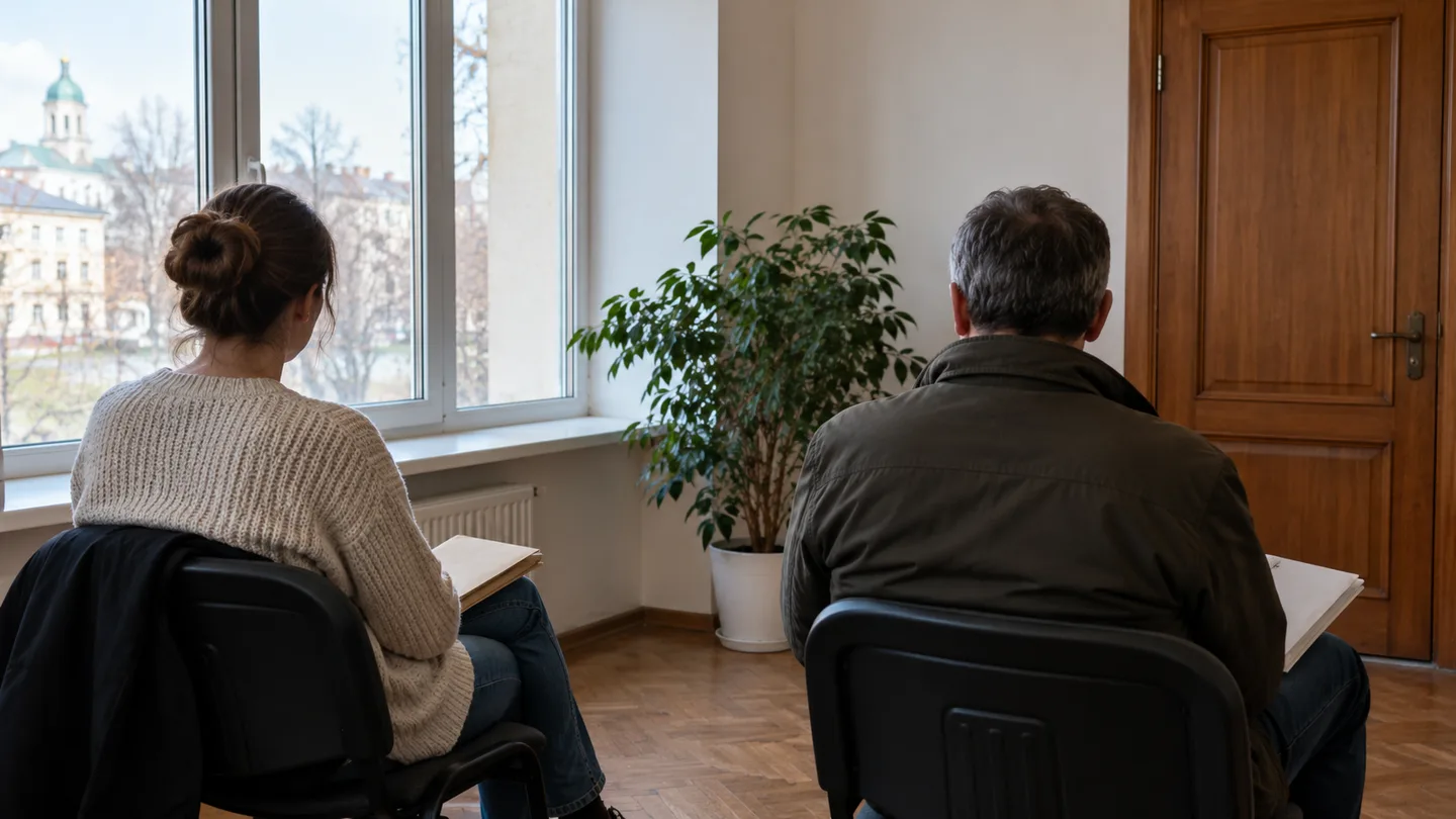 Двоє людей зі спини чекають у приймальні нотаріальної контори, у кожного на колінах тека з документами