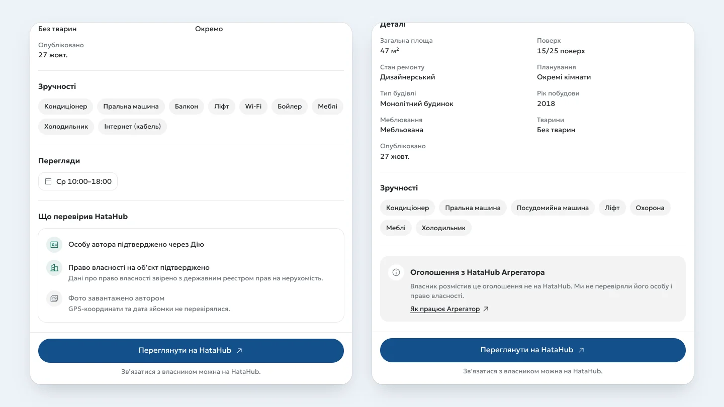 Блок «Що перевірив HataHub» в оголошенні HataHub і пояснення в оголошенні з Агрегатора