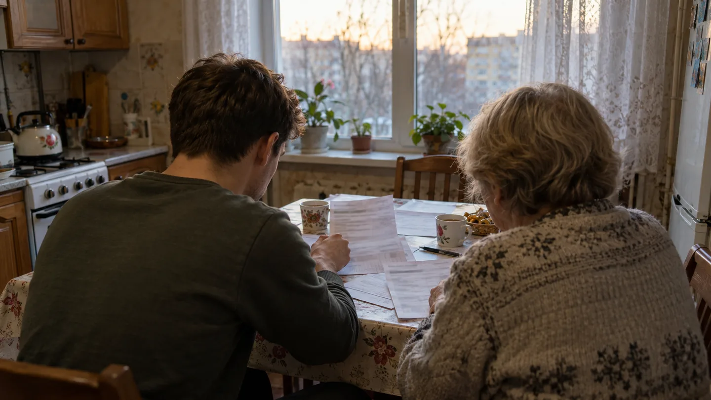 Двоє людей за кухонним столом розглядають роздруковані квитанції за комунальні послуги