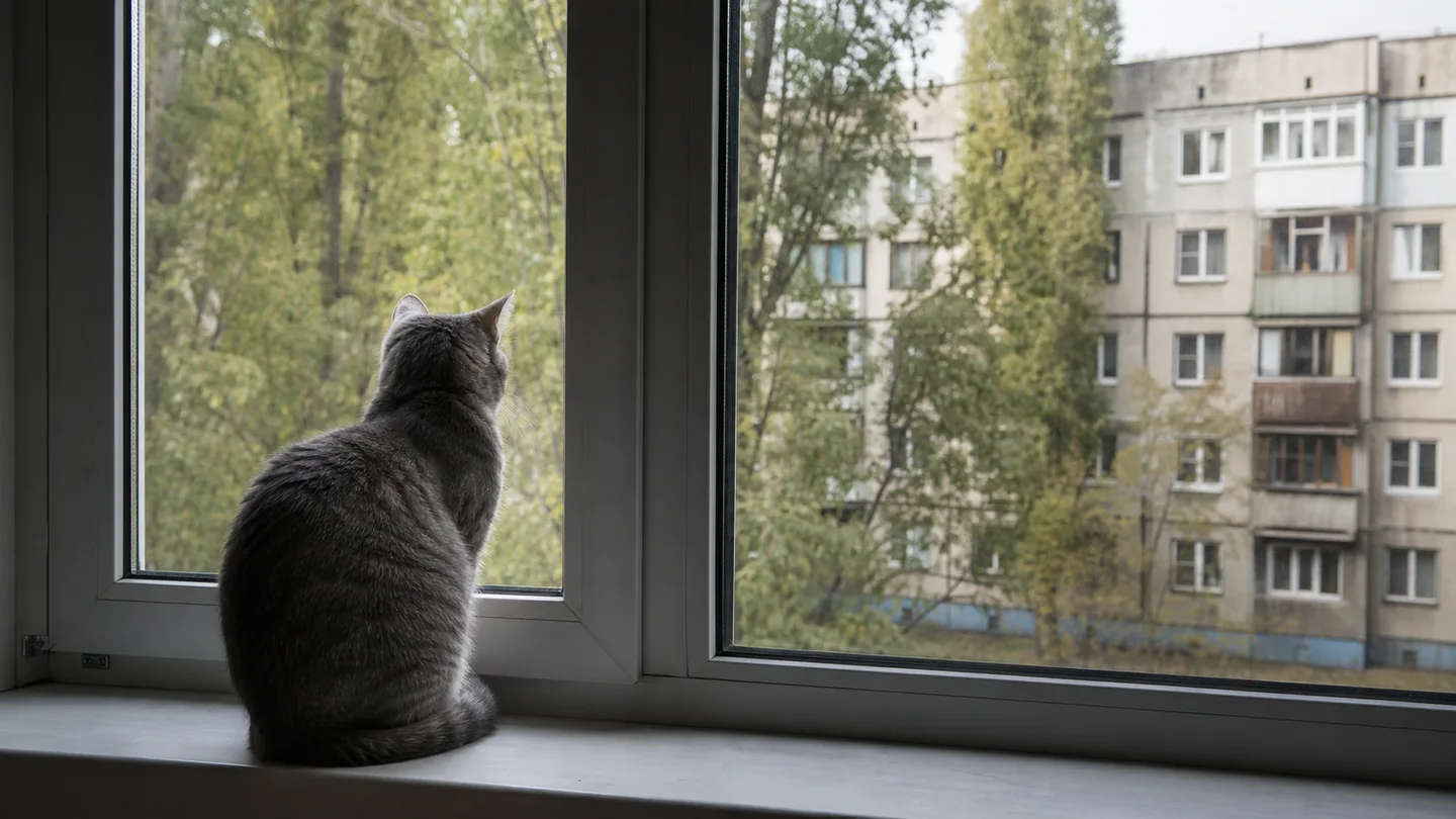 Кіт сидить на підвіконні орендованої квартири, за вікном видно двір з деревами