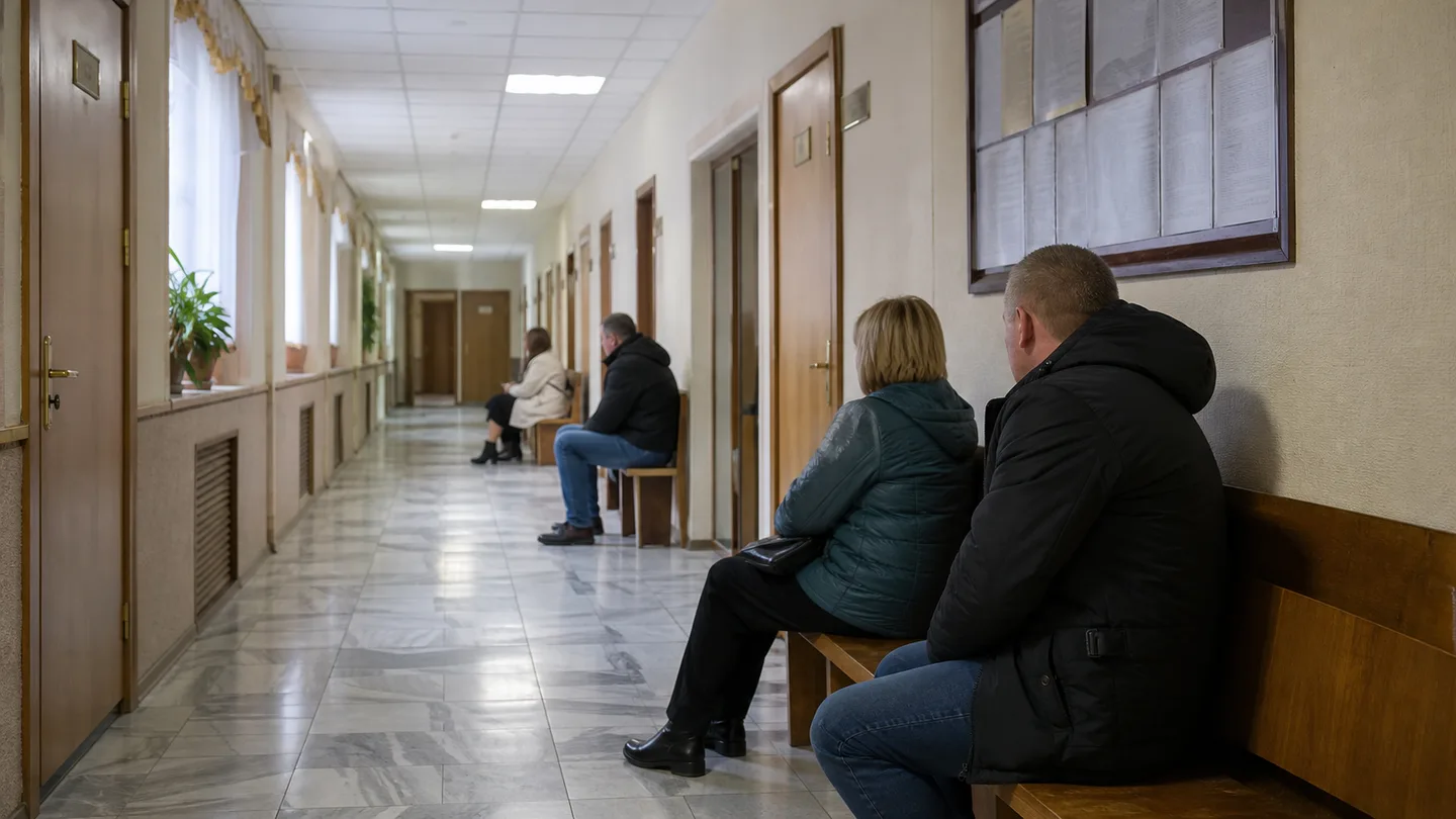 Коридор районного суду з людьми, які чекають на засідання