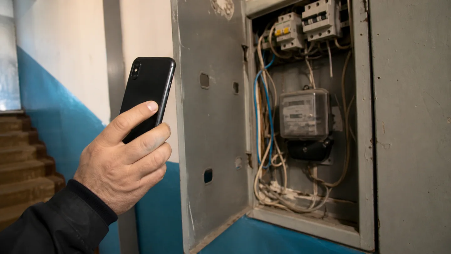 Рука з телефоном фотографує електролічильник у щитку під'їзду