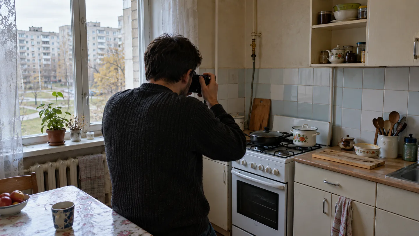 Чоловік зі спини фотографує камерою кухню в квартирі панельного будинку