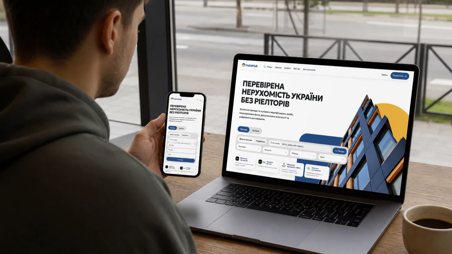 Молодий чоловік порівнює фотографії квартири на ноутбуці й на телефоні за столом у кафе