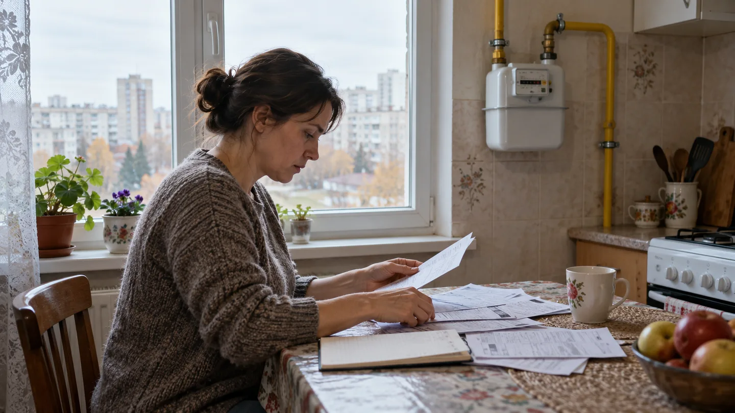 Жінка збоку сидить за кухонним столом біля вікна багатоповерхівки і розкладає паперові рахунки, на стіні поруч висить газовий лічильник