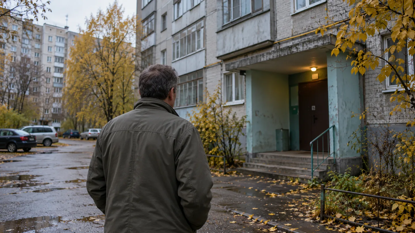 Чоловік зі спини стоїть у дворі між панельними багатоповерхівками і дивиться на під'їзд