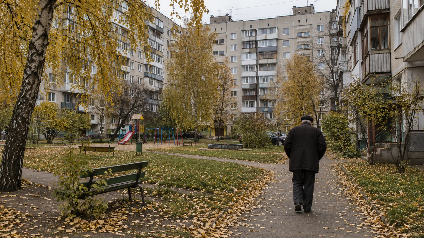 Літній чоловік іде подвір'ям між панельними багатоповерхівками восени