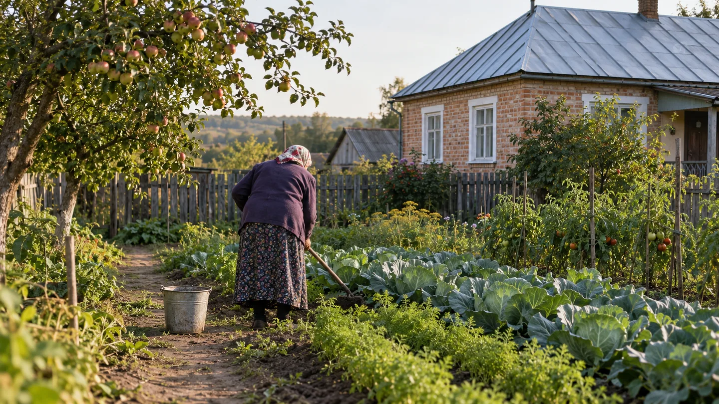 Жінка зі спини працює на городі біля одноповерхового цегляного будинку в селі