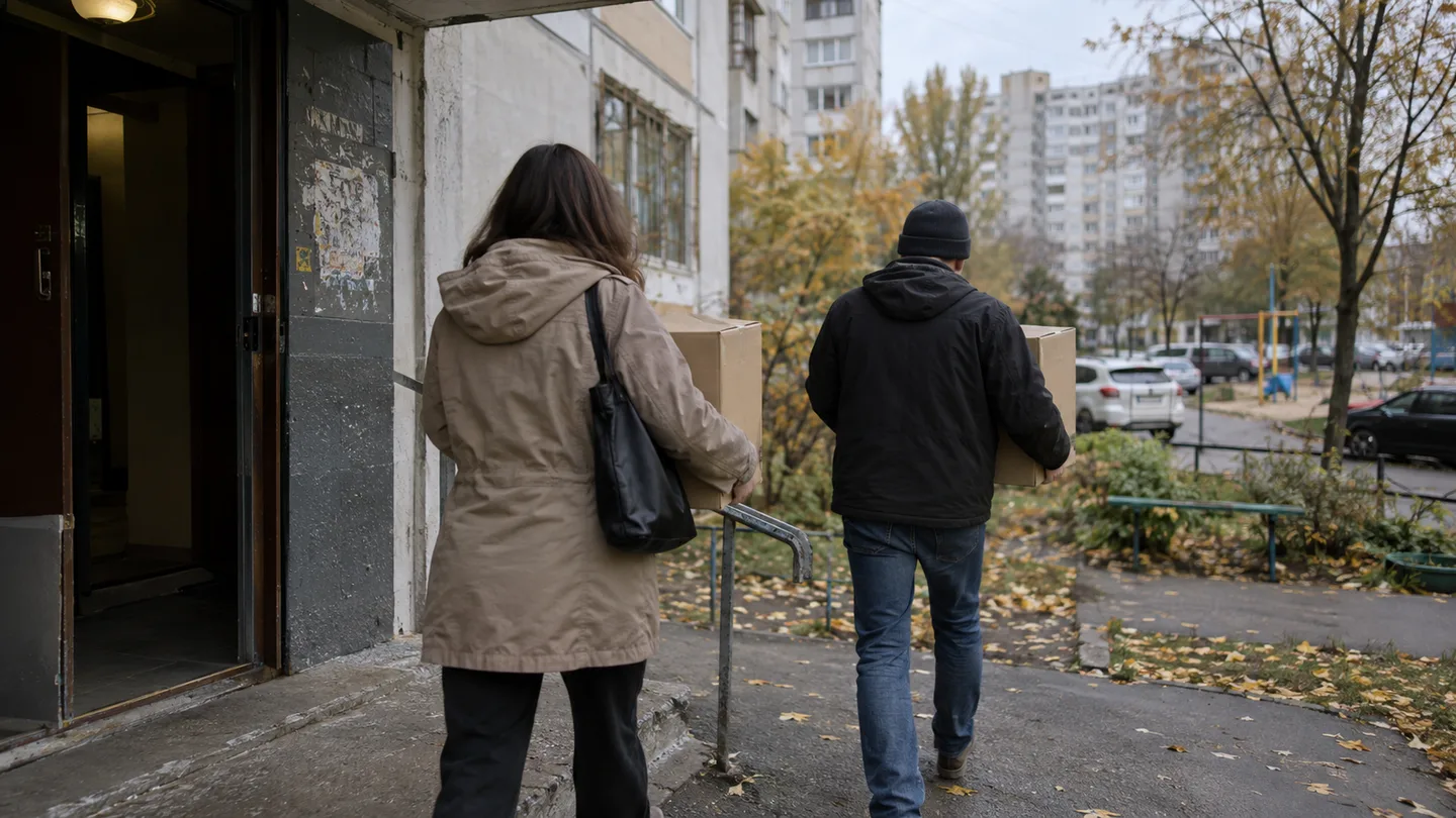 Двоє дорослих виносять коробки з під'їзду київської багатоповерхівки, видно їх зі спини