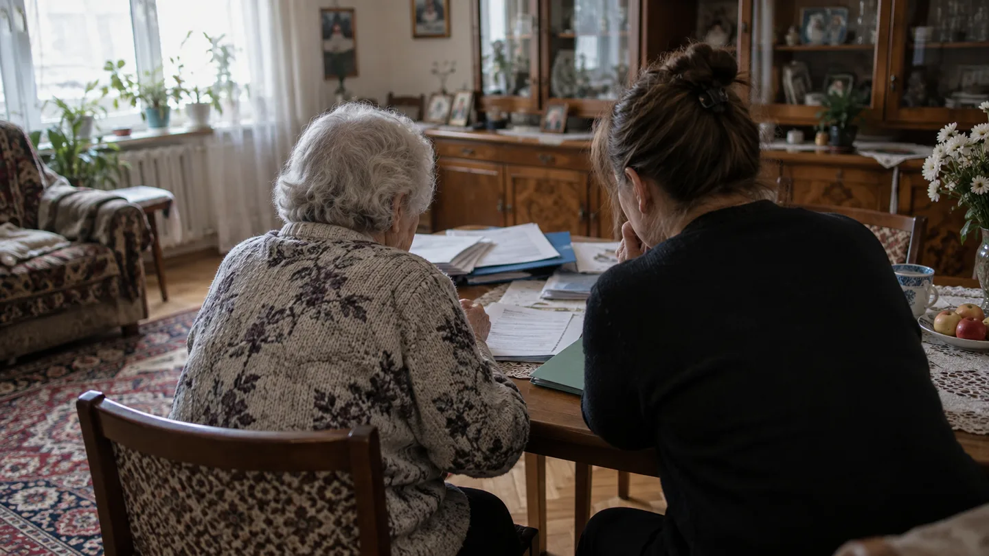 Літня жінка з донькою сидять за столом у вітальні над теками з документами, видно їх зі спини