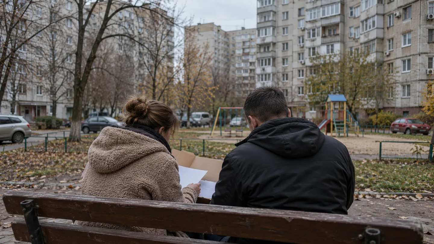 Двоє людей зі спини сидять на лавці у дворі між панельними будинками і розглядають папери в теці