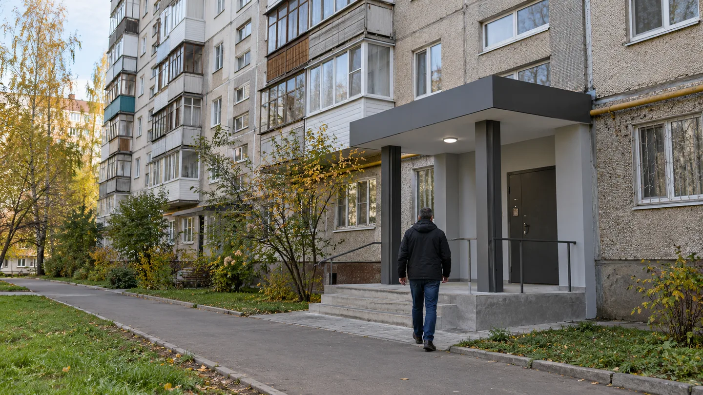 Чоловік зі спини йде вздовж старої дев'ятиповерхівки до під'їзду з відремонтованим ганком