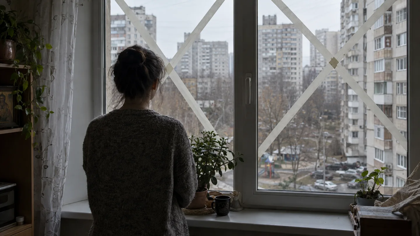 Жінка стоїть спиною біля вікна з заклеєною скотчем шибкою і дивиться на двір багатоповерхівки
