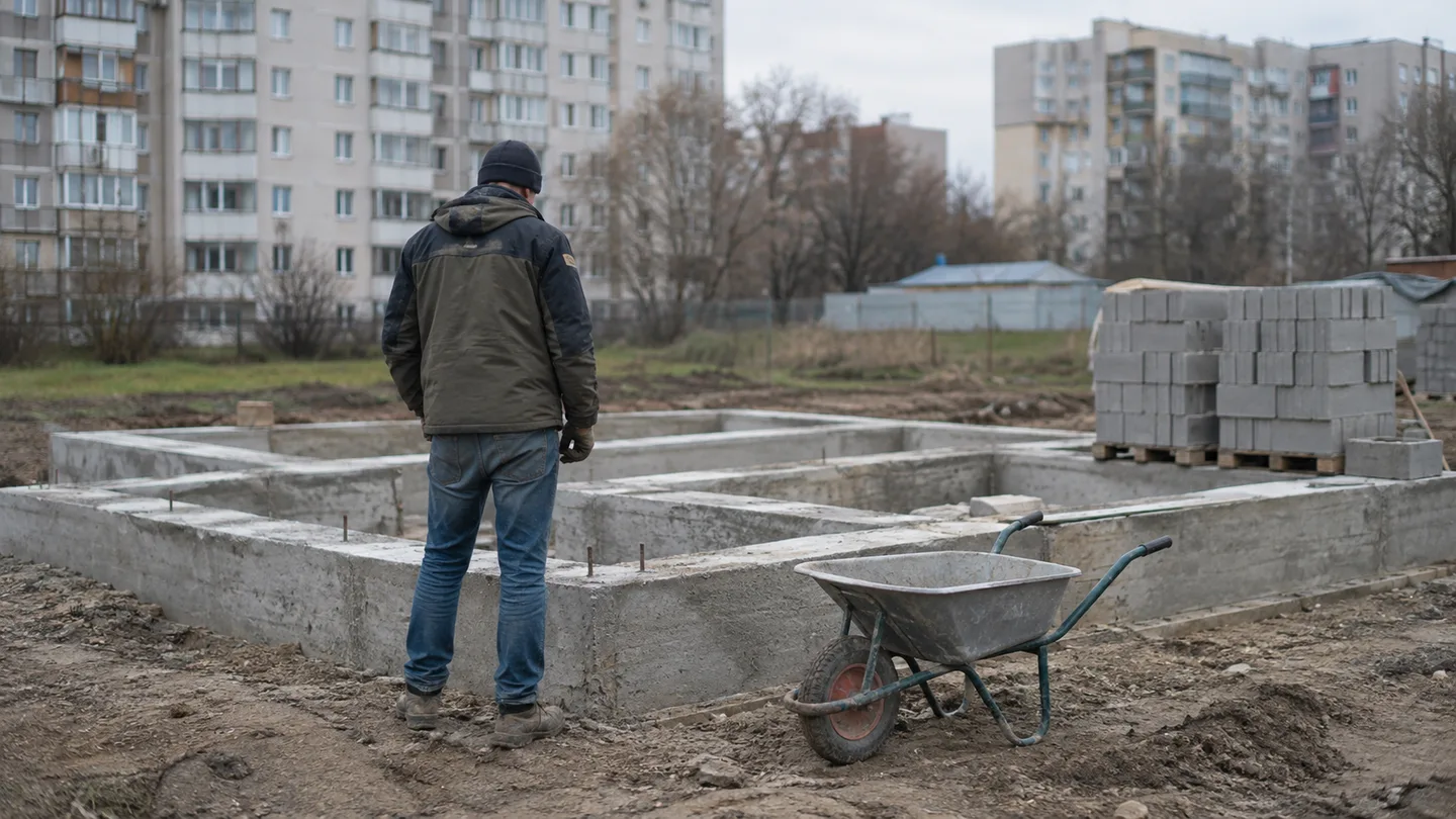 Мужчина со спины осматривает фундамент на пустом участке, рядом сложены блоки и тачка