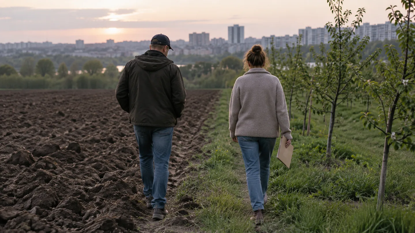 Двое людей со спины идут по границе между полем и молодым садом, в руках папка с документами