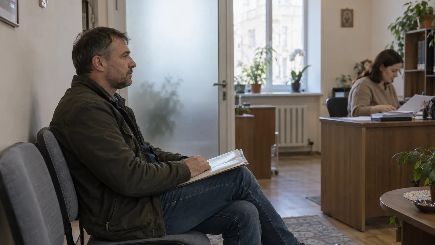 Чоловік сидить у приймальні нотаріальної контори з текою документів на колінах, видно його збоку