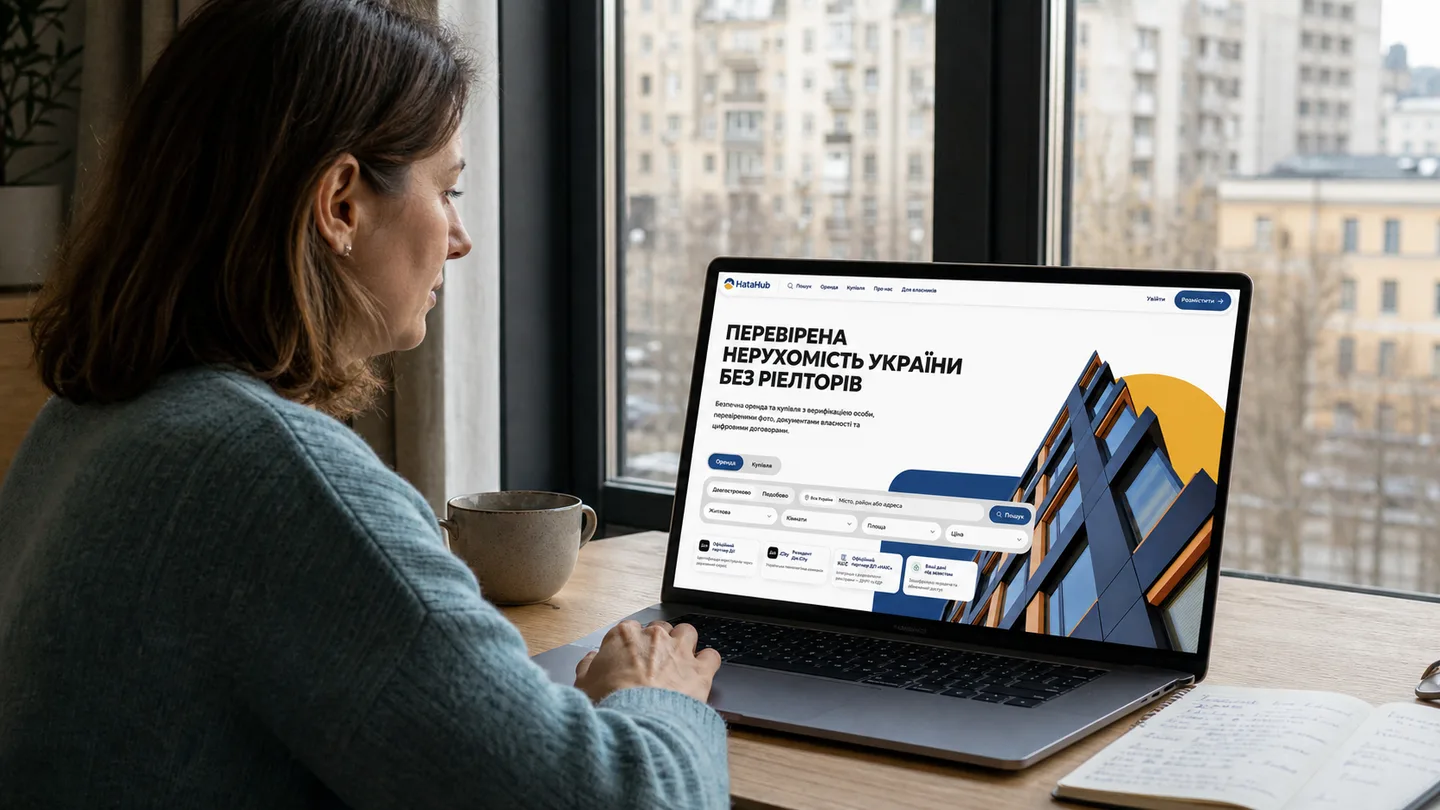 Жінка за столом з ноутбуком перевіряє дані майбутнього орендаря