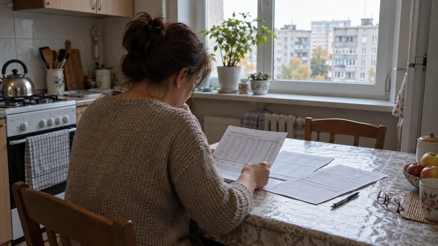 Жінка зі спини сидить за кухонним столом біля вікна і розглядає роздруковані аркуші з таблицями