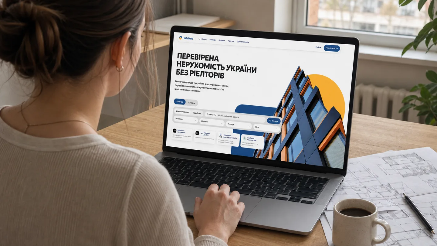 Жінка за ноутбуком розглядає план поверху з паперовими кресленнями на столі