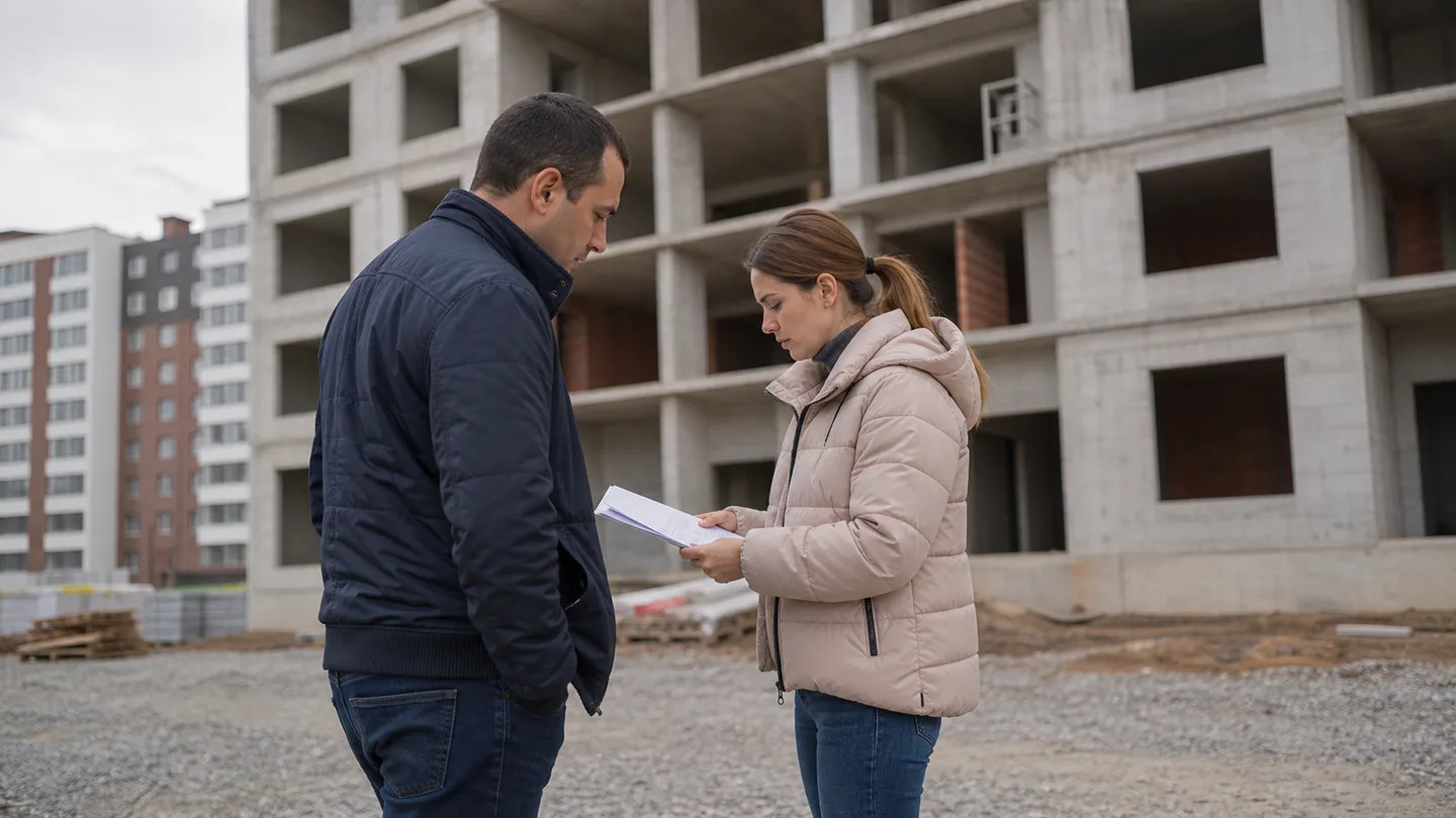 Двоє людей на майданчику новобудови розглядають папери на тлі недобудованого корпусу