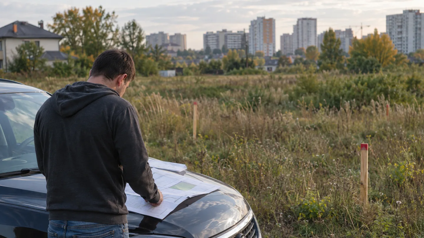 Чоловік зі спини розглядає розкладені на капоті автомобіля роздруковані документи на тлі поля з межовими кілками