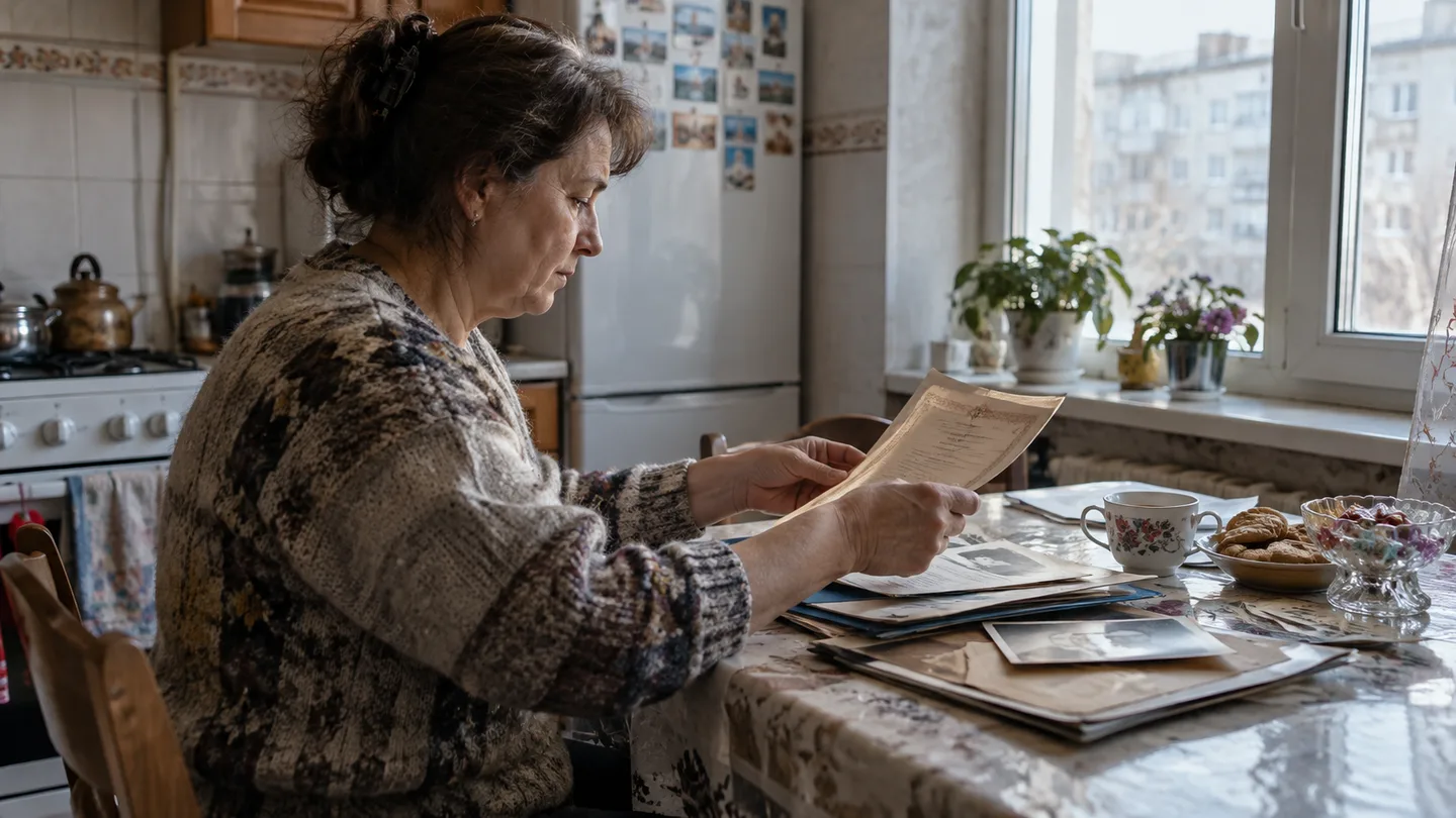 Жінка сидить за кухонним столом і розкладає папки з сімейними документами біля вікна