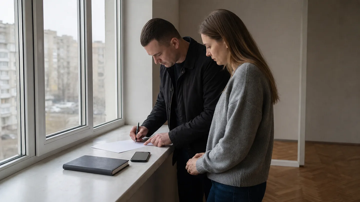 Двоє людей у порожній квартирі підписують акт на підвіконні