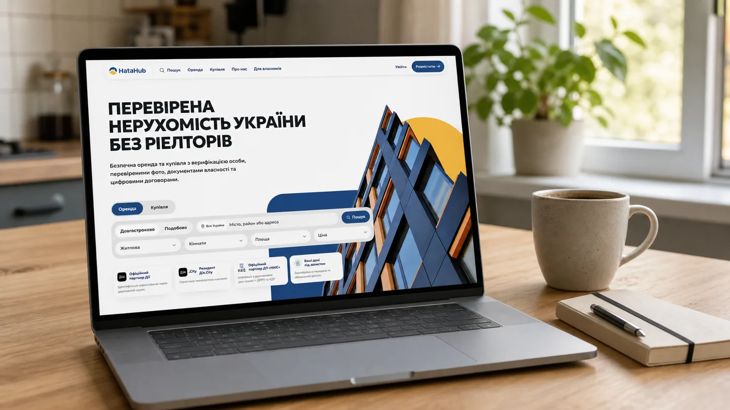Ноутбук на кухонному столі з відкритим оголошенням про оренду квартири, поруч горнятко кави