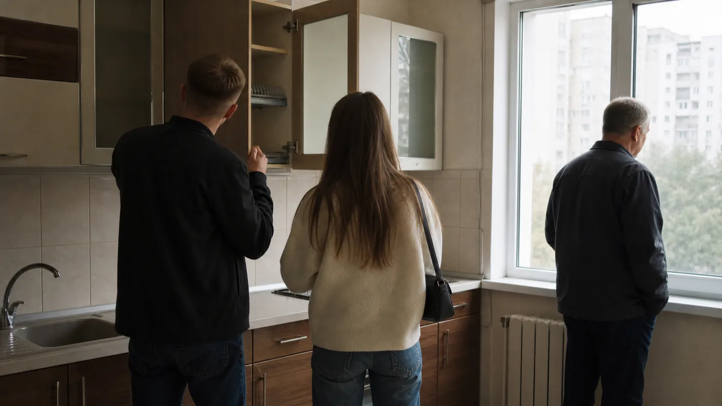 Молода пара оглядає кухню під час перегляду квартири, власник стоїть біля вікна