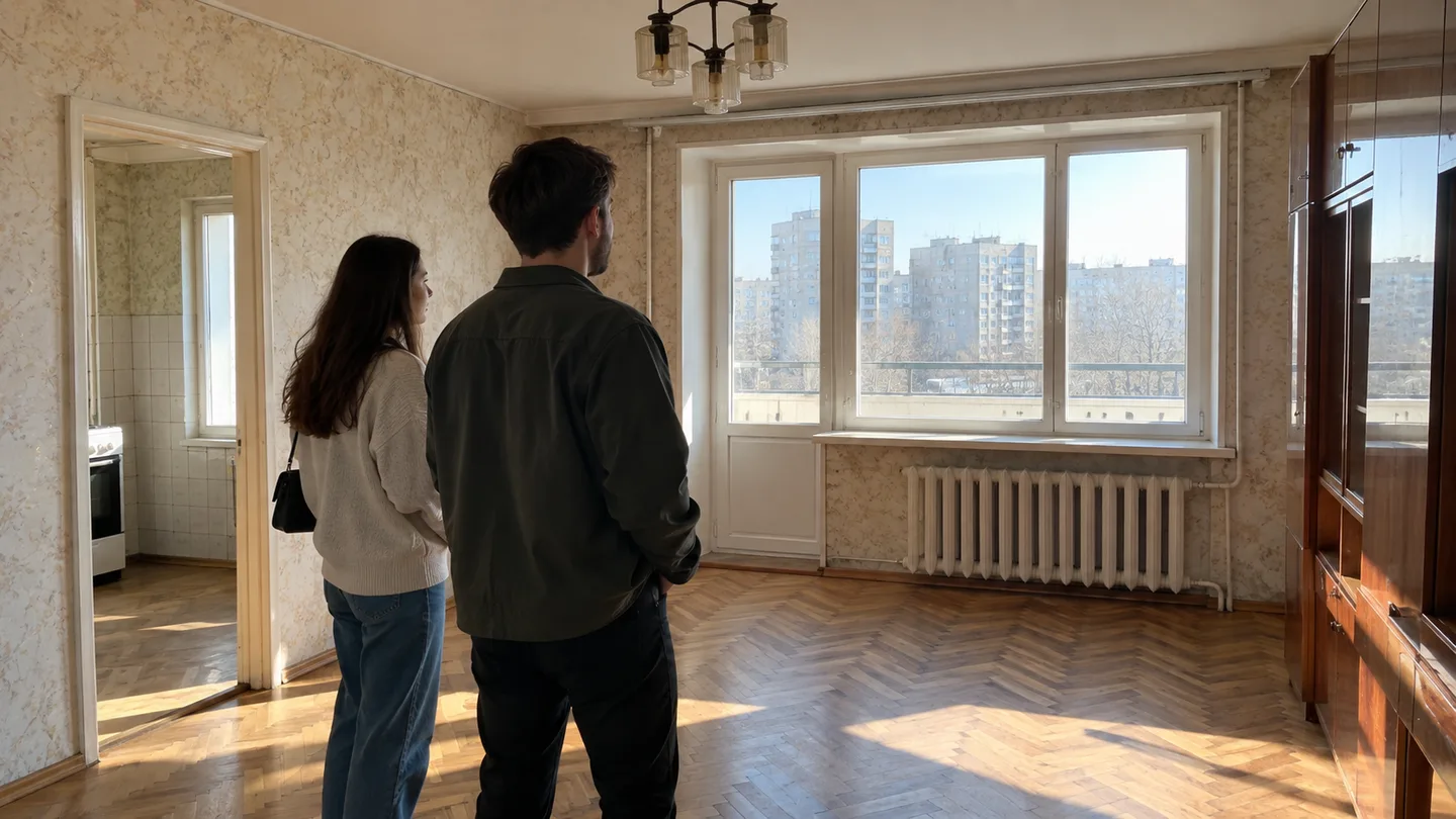 Двоє людей оглядають порожню вітальню з великими вікнами