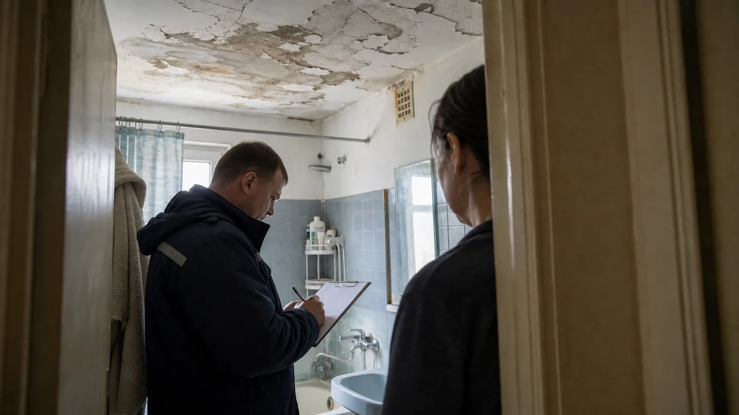 Представник управителя в куртці робить записи в акті, стоячи у ванній із пошкодженою стелею